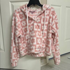 Crave Fame Pink and White Floral Fleece Hoodie Crop Length